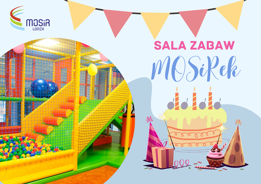 grafika przedstawiająca zdjęcie sali zabaw dla dzieci , grafika tort urodzinowy, prezenty, czapeczki urodzinowe, logo MOSiR